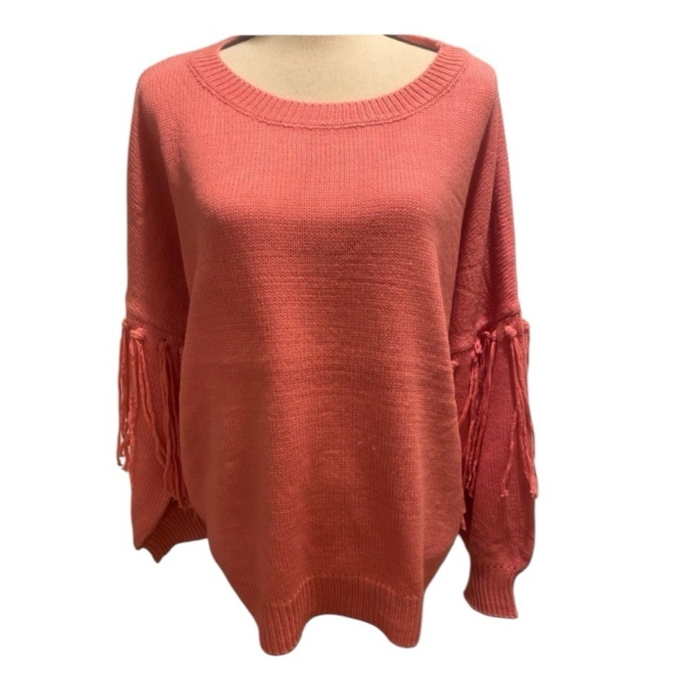 Umgee Women’s Sweater Fringe Oversized Cozy Acrylic Pink Salmon New Size xl
